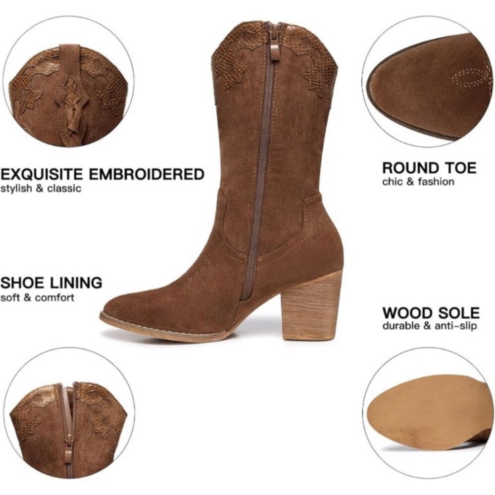 Women's Brown Western Country High Heel Boots Suede Zipper Mid Calf Booties - Picture 4 of 6
